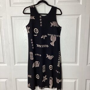 Hawaiian Tropical Print Dress KOWAH Size M Black Cream Gauzy Sleeveless A-Line